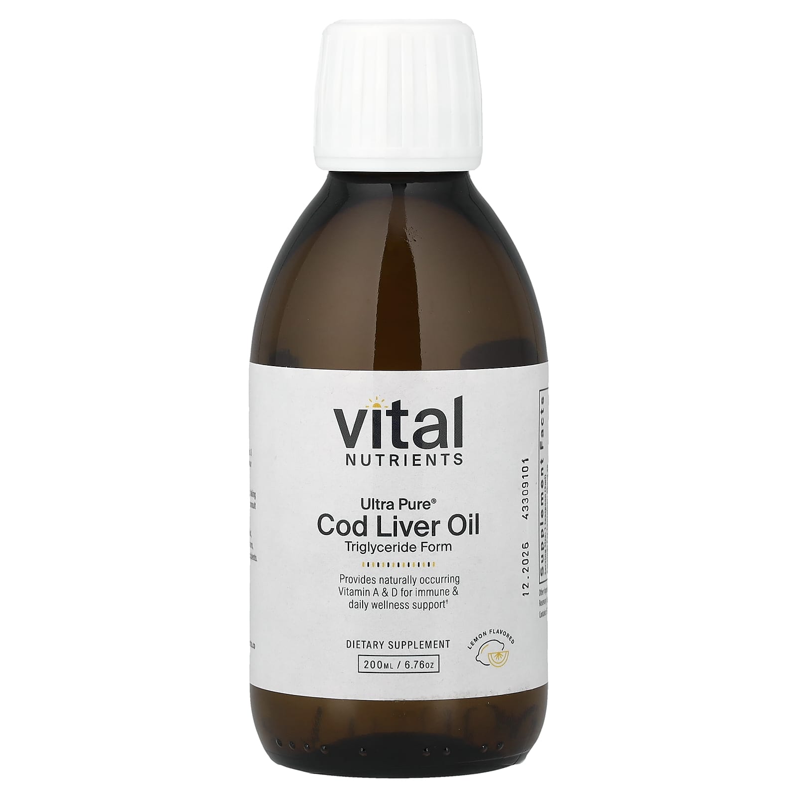 Vital Nutrients Ultra Pure, Cod Liver Oil – Lemon – 200 ml — Tunisie