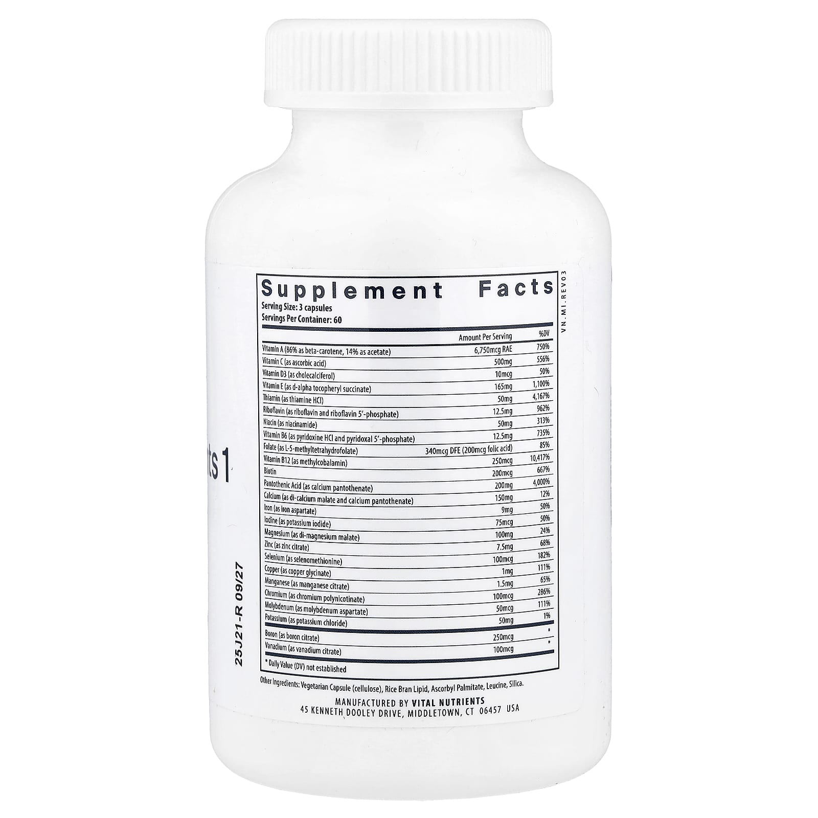 Vital Nutrients Multi-Nutrients 1 with Iron & Iodine – 180 gélules végétales — photo 2 sur 2