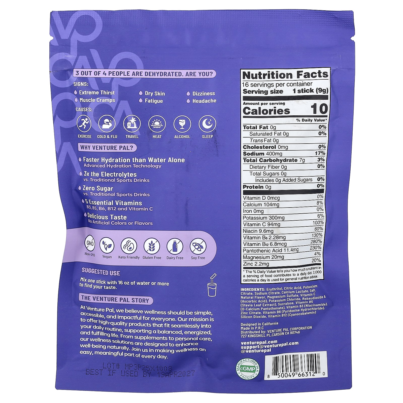 Venture Pal Hydration Boost, Electrolyte Drink Mix – Grape – 9 g — photo 2 sur 2