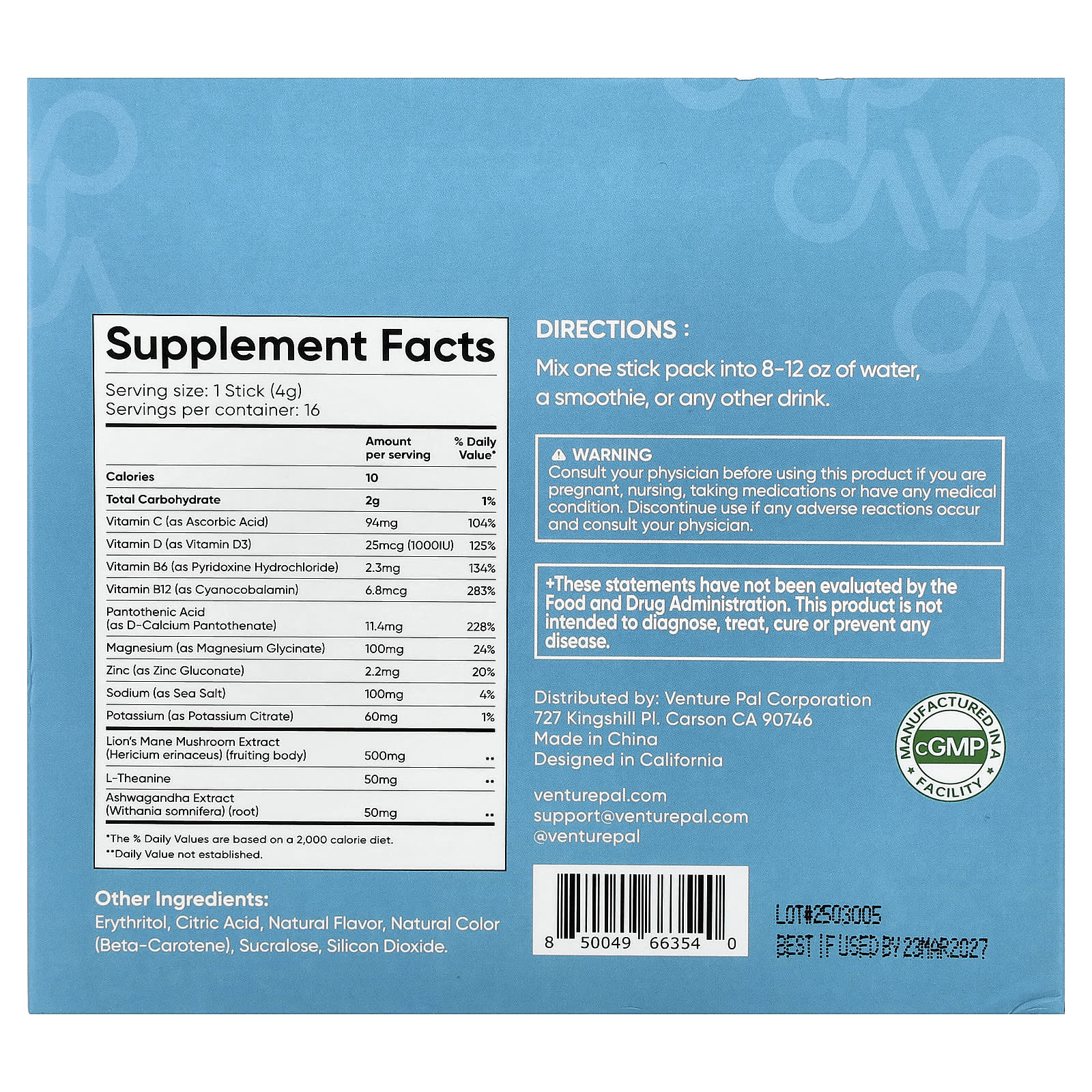 Venture Pal Calming Drink Mix+, Magnesium Glycinate – Pineapple – 4 g — photo 2 sur 2