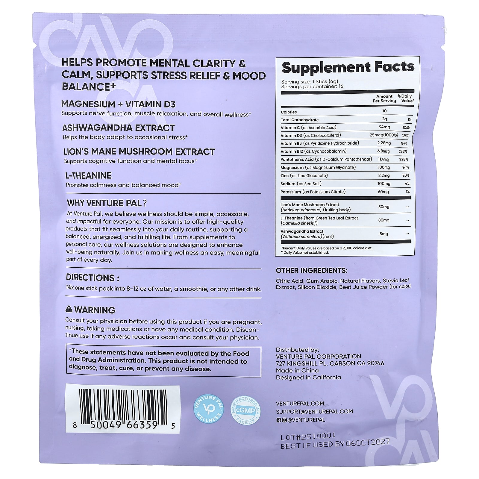 Venture Pal Calming Drink Mix+, Magnesium Glycinate – Mixed Berry – 4 g — photo 2 sur 2