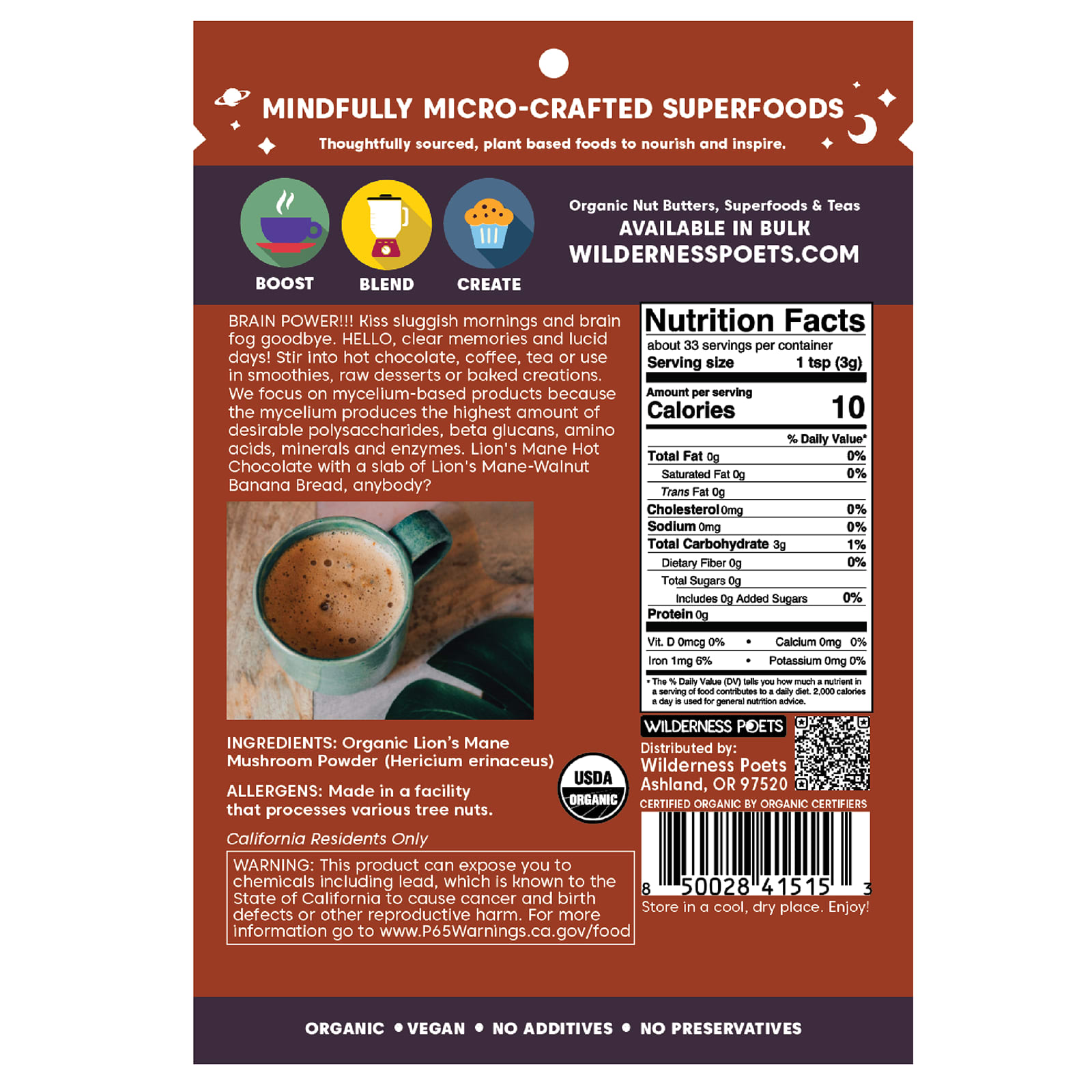 Wilderness Poets Organic Lion's Mane Mushroom Powder – 99 g — photo 2 sur 2