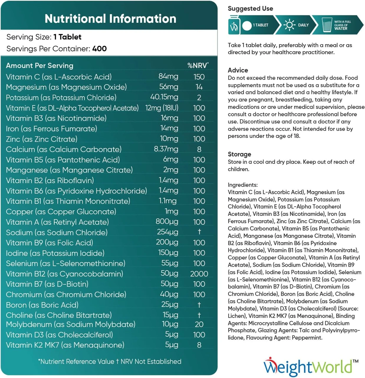 Multivitamines et Minéraux 400 tablets - Weightword – weightworld — valeurs nutritionnelles