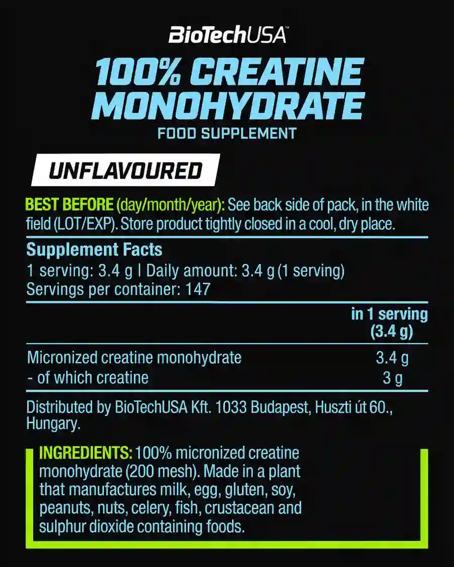 100% Creatine Monohydrate 500 g – Biotech USA — valeurs nutritionnelles