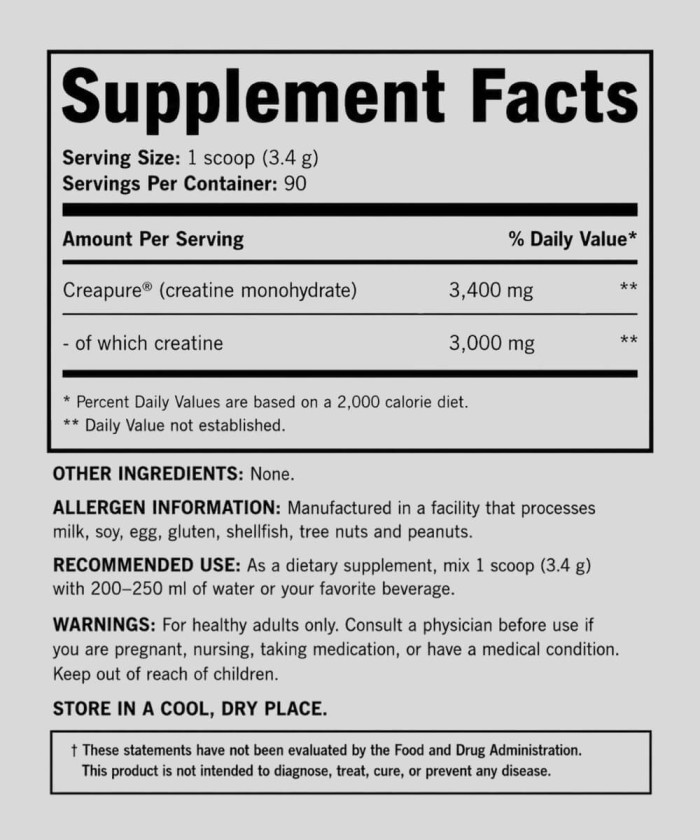 Mega Creatine BioTechUSA 306 g - Creapure® — valeurs nutritionnelles