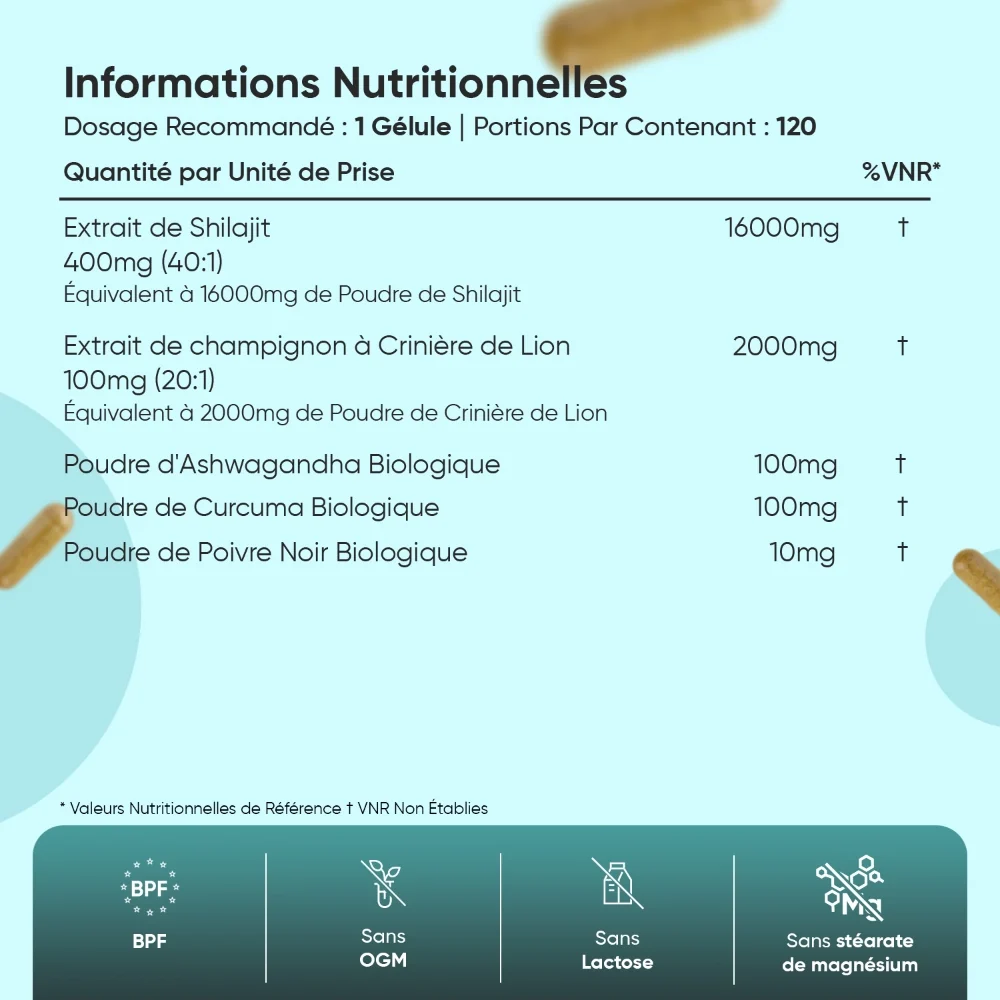 Shilajit Complex WeightWorld 120 capsules — valeurs nutritionnelles