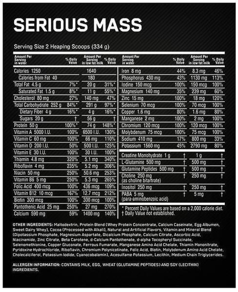 Serious Mass 5,45 kg – Optimum Nutrition — valeurs nutritionnelles
