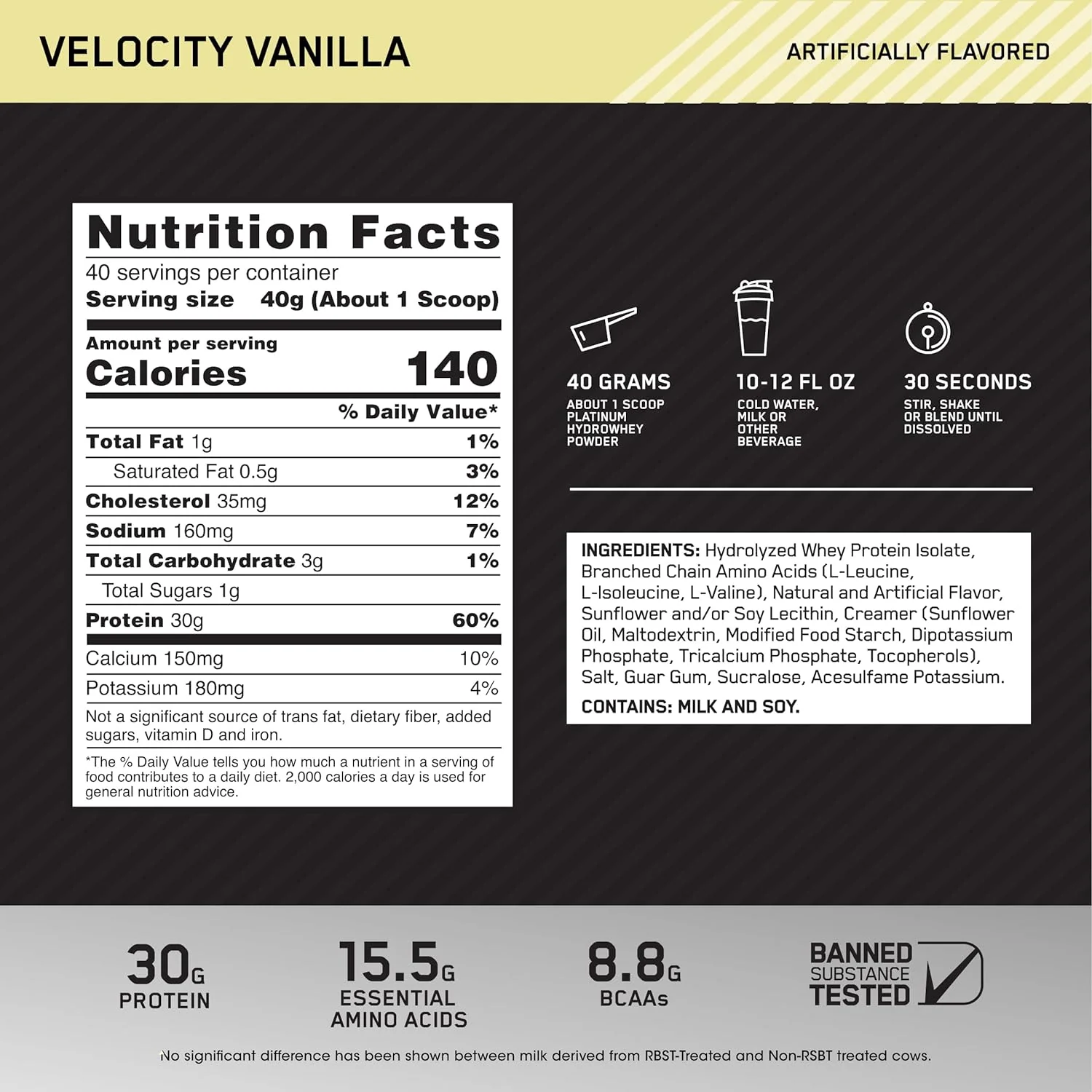 HYDRO WHEY 1,59 kg – Optimum Nutrition — valeurs nutritionnelles